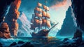 An old ship is sailing on the sea. Seascape. Book illustration. A scene from a video game. Serious digital painting. Generative AI Royalty Free Stock Photo