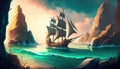 An old ship is sailing on the sea. Seascape. Book illustration. A scene from a video game. Serious digital painting. Generative AI Royalty Free Stock Photo