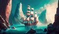 An old ship is sailing on the sea. Seascape. Book illustration. A scene from a video game. Serious digital painting. Generative AI Royalty Free Stock Photo