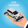 Concept illustration of person that wants to order car sharing service. Vector isometric hand with phone. Mobile online car sharin