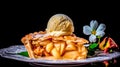 Piece of hot apple pie with vanilla ice cream. Incredibly appetizing delicious culinary illustration. Generative AI Royalty Free Stock Photo