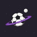 Concept illustration of planet soccer isolated on a black background with moon and stars