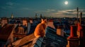 A red tabby cat sits on the roof of a house in Paris and looks at the moon, a beautiful view. Generative AI Royalty Free Stock Photo