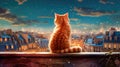 A red tabby cat sits on the roof of a house in Paris and looks at the moon, a beautiful view. Generative AI Royalty Free Stock Photo