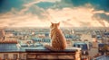 A red tabby cat sits on the roof of a house in Paris and looks at the moon, a beautiful view. Generative AI Royalty Free Stock Photo