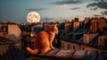 A red tabby cat sits on the roof of a house in Paris and looks at the moon, a beautiful view. Generative AI Royalty Free Stock Photo