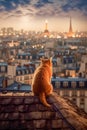 A red tabby cat sits on the roof of a house in Paris and looks at the moon, a beautiful view. Generative AI Royalty Free Stock Photo