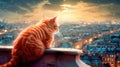 A red tabby cat sits on the roof of a house in Paris and looks at the moon, a beautiful view. Generative AI Royalty Free Stock Photo