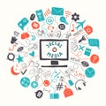 Concept illustration of social media networking. Vector hand drawn pictures
