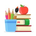 Concept illustration of a student workplace. A stack of books with an apple, a glass with pencils and a brush for