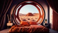 Stylish bedroom with geometric window in Mars. Generative AI Royalty Free Stock Photo