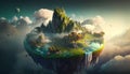 Surreal fairy-tale landscape with a floating island, waterfalls and clouds, a flying fantastic land with greenery and blue water,