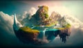 Surreal fairy-tale landscape with a floating island, waterfalls and clouds, a flying fantastic land with greenery and blue water,