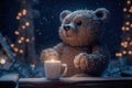 A tiny bear sitting on a wooden chair by the fire with a cup of hot chocolate, starry night, magic snow background. Generative AI Royalty Free Stock Photo