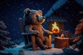 A tiny bear sitting on a wooden chair by the fire with a cup of hot chocolate, starry night, magic snow background. Generative AI Royalty Free Stock Photo