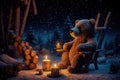 A tiny bear sitting on a wooden chair by the fire with a cup of hot chocolate, starry night, magic snow background. Generative AI Royalty Free Stock Photo