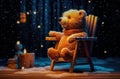 A tiny bear sitting on a wooden chair by the fire with a cup of hot chocolate, starry night, magic snow background. Generative AI Royalty Free Stock Photo