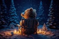 A tiny bear sitting on a wooden chair by the fire with a cup of hot chocolate, starry night, magic snow background. Generative AI Royalty Free Stock Photo