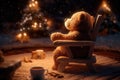 A tiny bear sitting on a wooden chair by the fire with a cup of hot chocolate, starry night, magic snow background. Generative AI Royalty Free Stock Photo