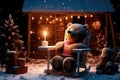 A tiny bear sitting on a wooden chair by the fire with a cup of hot chocolate, starry night, magic snow background. Generative AI Royalty Free Stock Photo