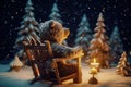 A tiny bear sitting on a wooden chair by the fire with a cup of hot chocolate, starry night, magic snow background. Generative AI Royalty Free Stock Photo