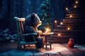 A tiny bear sitting on a wooden chair by the fire with a cup of hot chocolate, starry night, magic snow background. Generative AI Royalty Free Stock Photo