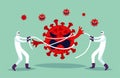 Concept illustration, two doctors are fighting the spread of the virus during the pandemic CoVID-19. The fight against