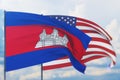 Waving American flag and flag of Cambodia. Closeup view, 3D illustration.