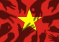 Concept illustration of Vietnam flag combining national flag with various hand gesture silhouettes.