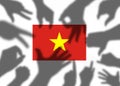 Concept illustration of Vietnam flag combining national flag with various hand gesture silhouettes.