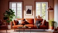 warm living room with a brown sofa and a large wooden frame, Scandinavian style. Generative AI Royalty Free Stock Photo