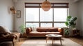 warm living room with a brown sofa and a large wooden frame, Scandinavian style. Generative AI Royalty Free Stock Photo