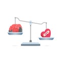 Concept illustration of weighing tools with broken heart are heavier than a brain. isolated on a white background