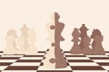 Concept illustration of white and dark kings are merged in puzzle shape standing on chess board with queens rooks bishops knights Royalty Free Stock Photo