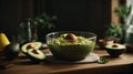 Concept image of avocado in the pot at table Royalty Free Stock Photo