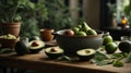 Concept image of avocado in the pot at table Royalty Free Stock Photo