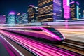 image of a bullet train passing at high speed in a neon illustration and city of the future. ai generated.