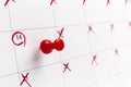 Concept image of a Calendar with red push pin. Closeup shot thumbtack attached. The words heart shape written on white Royalty Free Stock Photo