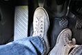 An concept image of a car pedal with jeans and foodware Royalty Free Stock Photo