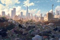 Concept image contrasting a colossal pile of waste against a modern cityscape. Generative AI illustration