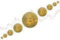 Concept image with physical coin of bitcoin crypto currency indicating of price growth bull market. Trade chart background Royalty Free Stock Photo