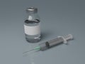 Concept image of syringe and vaccine in clear class container with blank white label on dark blue background. 3D render