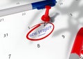 Concept image of a Red Pin on calendar with words NEW PROJECT to remind for important appointment.