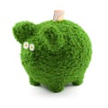 Concept image - Saving Money with a green life style. A bank note being stuck into a green grass  piggybank with eyes made from da Royalty Free Stock Photo