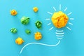 Concept image of successful idea, crumpled paper and light bulb sketch, brainstorming and creative thinking Royalty Free Stock Photo