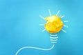 Concept image of successful idea, crumpled paper and light bulb sketch, brainstorming and creative thinking Royalty Free Stock Photo