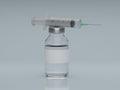 Concept image of syringe on top of vaccine in clear class container with blank white label on light blue background. 3D render