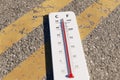 Concept image of a thermometer on asphalt showing high temperature, 3d rendering Royalty Free Stock Photo