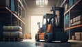 Image of a warehouse forklift in a large warehouse background. ai generative .