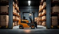 Image of a warehouse forklift in a large warehouse background. ai generative .